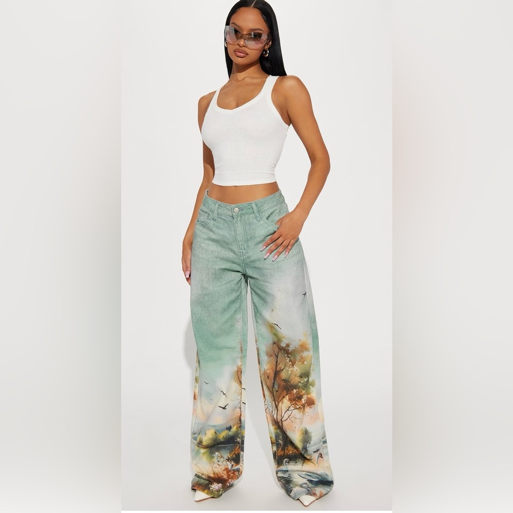 Fashion Nova Sage Green Wide Leg Scenic Print Pants